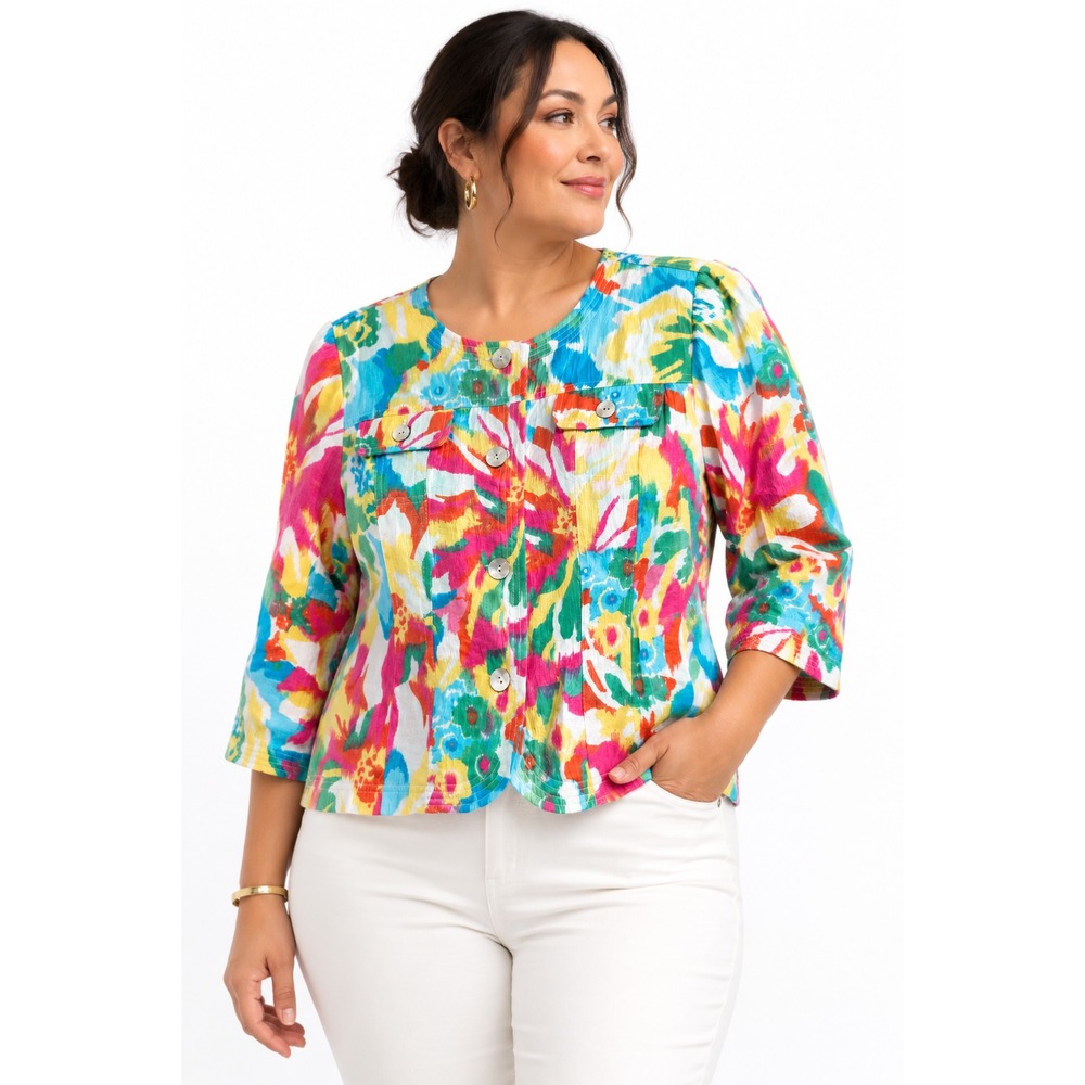 Women's Floral Button Front Jacket Blouse 3/4 Sleeve Colorful Tropical Art 12